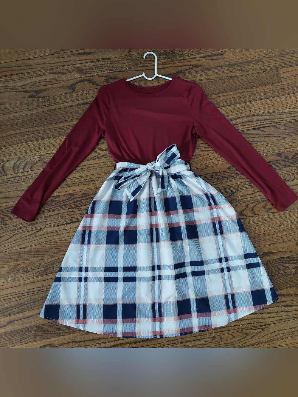 Women's Stylish Long Sleeve Burgundy Plaid Waist-Tie Dress
